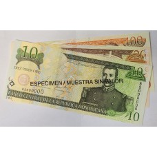 DOMINICAN REPUBLIC 2001 . TEN 10 - ONE HUNDRED 100 PESOS BANKNOTES . SPECIMEN
